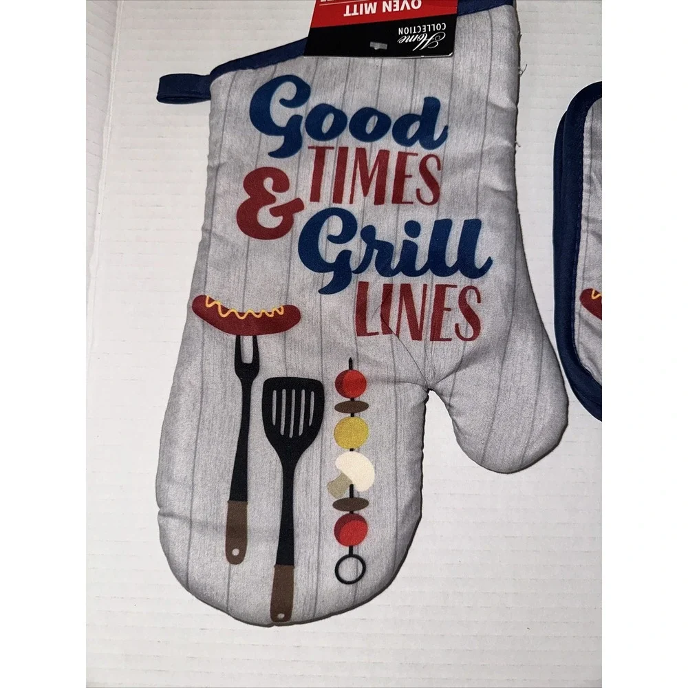 Home Collection Good Times & Grill Lines Oven Mitt and Pot Holders BBQ Set Gray